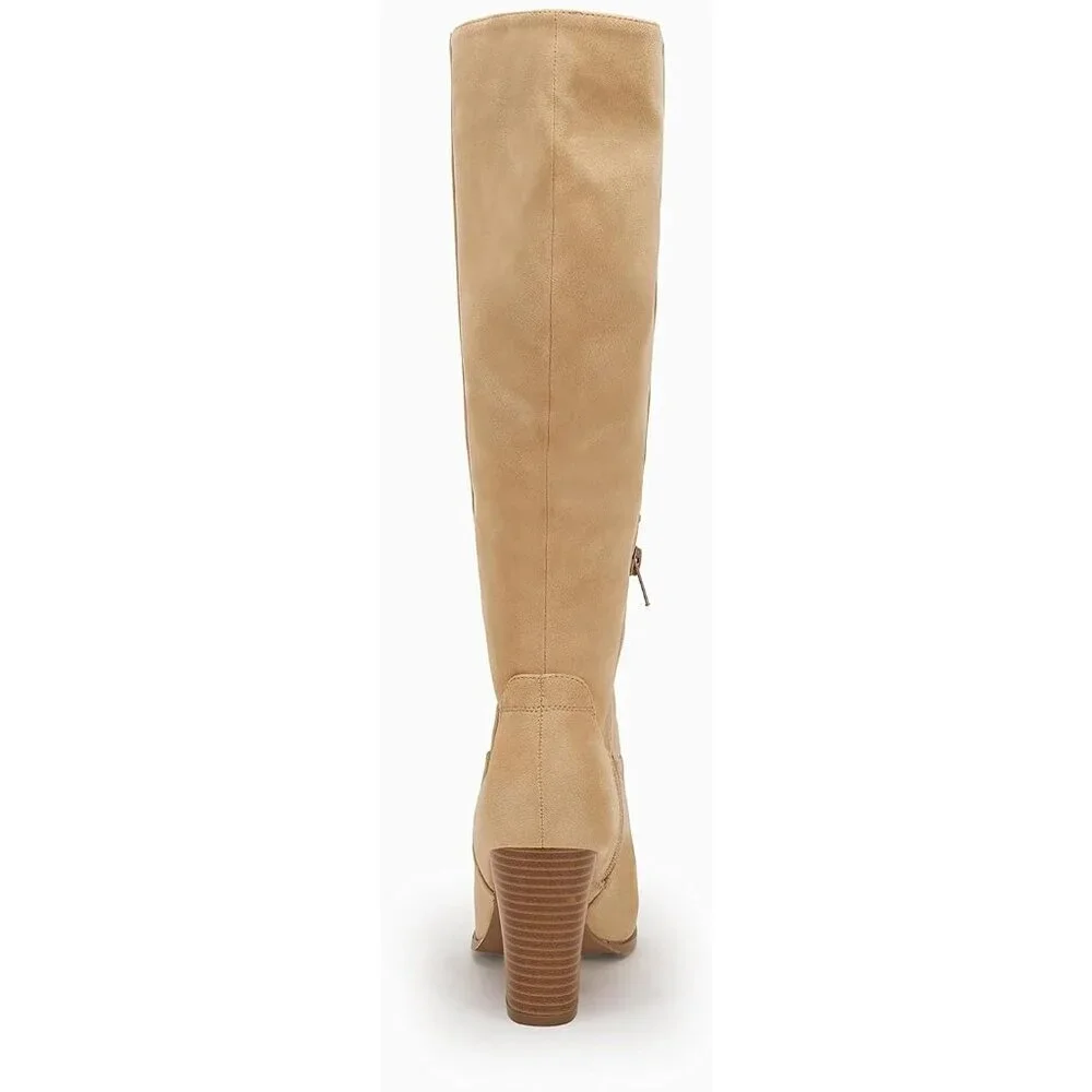 Women Faux Sueder Khaki Knee High Chunky Heel Side Zipper Stretch Winter Boot